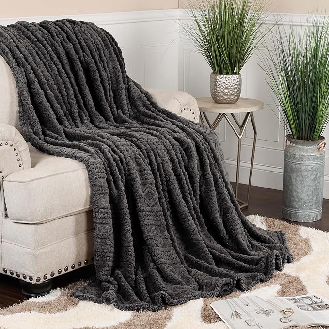 Superior Fleece Boho Jacquard Blanket, Decorative Blankets for Bedroom, Sofa, Fuzzy, Plush, Fluffy, Soft, Cute Room Decor, Beautiful Cover, Comfort Essentials, Arctic Collection, Twin, Charcoal