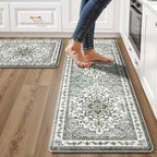Boho Kitchen Mats for Floor 2 Piece Set Anti Fatigue Cushioned PVC Kitchen Rugs Non Slip Waterproof Farmhouse Mats 2/5 Inch Comfort Standing Mat for Laundry, 17.3"x47"+17.3"x28", Green-Tinted Grey