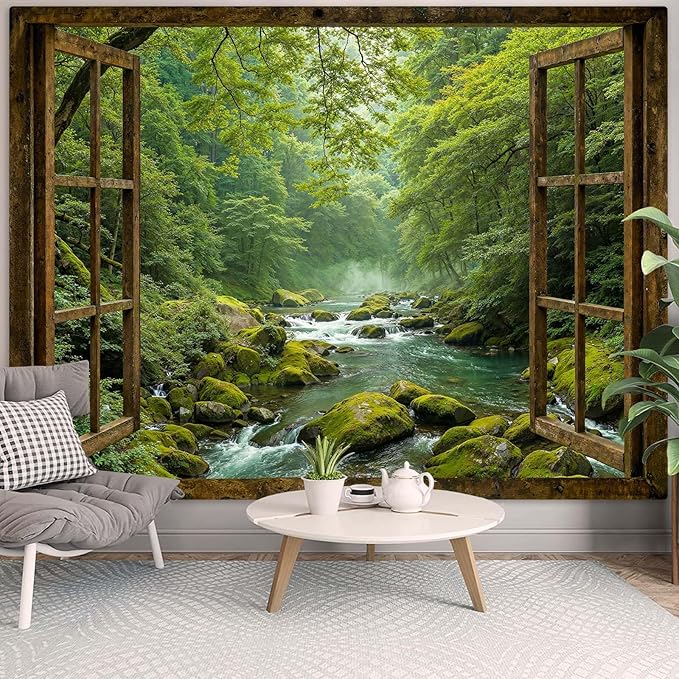 Accnicc Window Forest Tapestry Green Nature Jungle Wall Tapestry for Bedroom Aesthetic Rainforest Stream Outdoor Landscape Extra Large Tapestries Wall Hanging for Dorm Living Room Decor 90 x 68 Inch