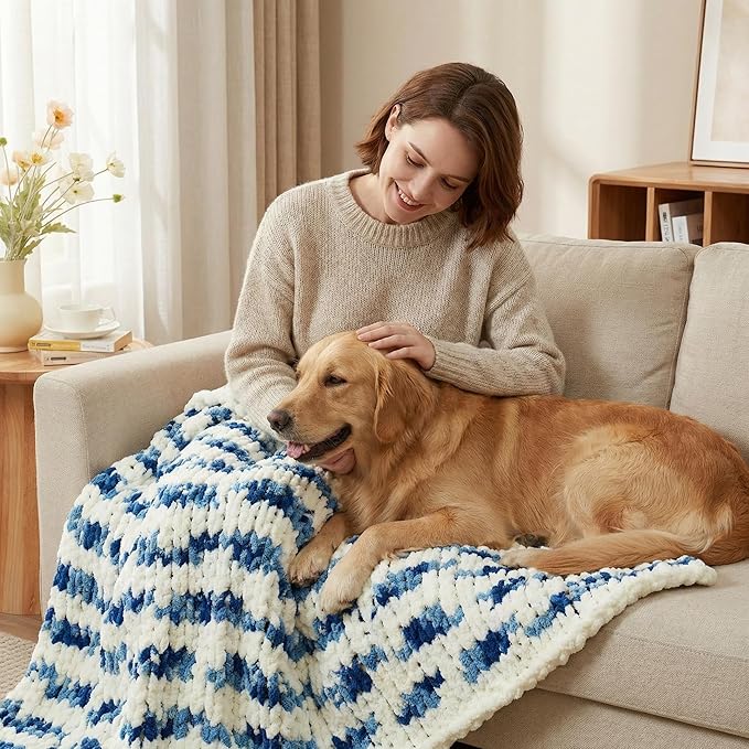 Amélie Home Chunky Knit Throw Blanket for Couch, Soft Chenille Crochet Blanket for Sofa, 50"x60", Space-Dyed Blue Striped
