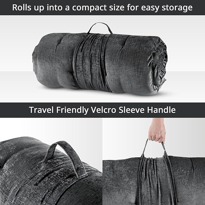 Intelligent Design Floor Pillow Lounger Luxurious Chenille Tufted, Piping Border, 3" Floor Lounger for Naps, Yoga, Games, Roll-Up & Travel-Friendly Sleeve Handle, Edelia, 27"W x 74"L x 3"H Charcoal