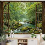 Accnicc Window Forest Tapestry Green Nature Jungle Wall Tapestry for Bedroom Aesthetic Rainforest Stream Outdoor Landscape Small Tapestries Wall Hanging for Dorm Living Room Decor 60 x 44 Inch