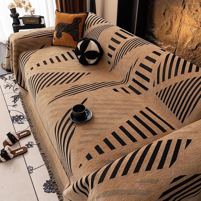 VClife Couch Cover Boho Style Sofa Cover for Dog, Modern Chenille Couch Cover for 3 Cushion Couch Sofa, Non Slip Brown Geometry Couch Protector with Tassel Sofa Slipcover Throw, 71"X134"