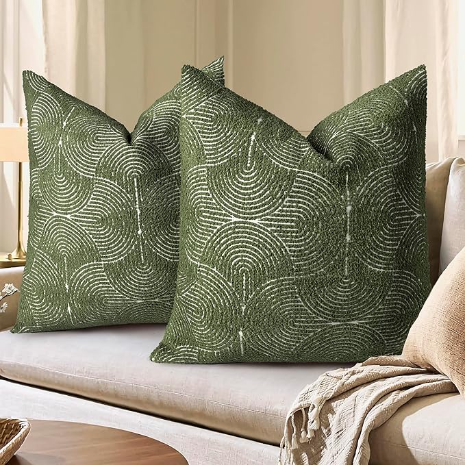 AELS Boho Decorative Textured Throw Pillow Covers 26x26, Modern Mid Century Rainbow Tufted Pillow Case, Farmhouse Rustic Geometric Woven Cushion Case for Bed Couch Sofa, Olive Green
