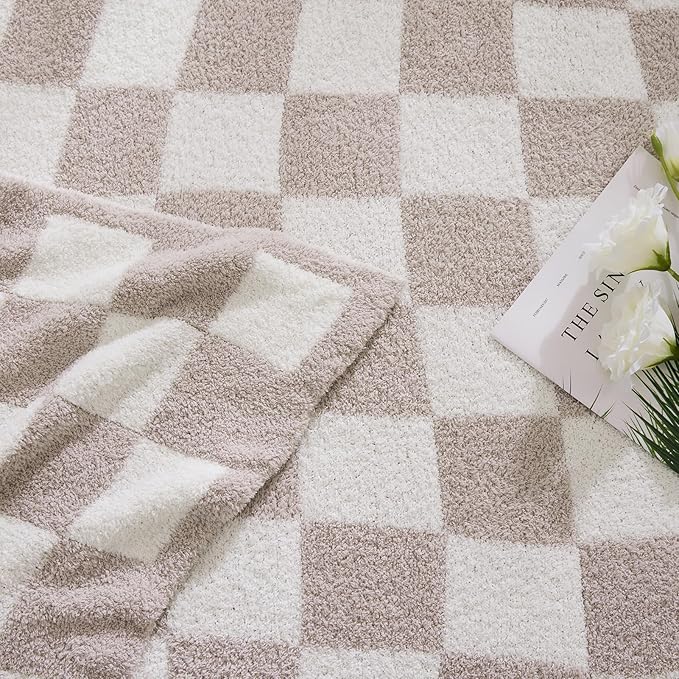 WRENSONGE Checkered Throw Blanket, Taupe Microfiber Soft Cozy Fluffy Warm Hand Made Throw Blankets for Couch, Sofa, Chair, Bed, Camping, Picnic, Travel Lightweight Bed Blanket - 50"*70"