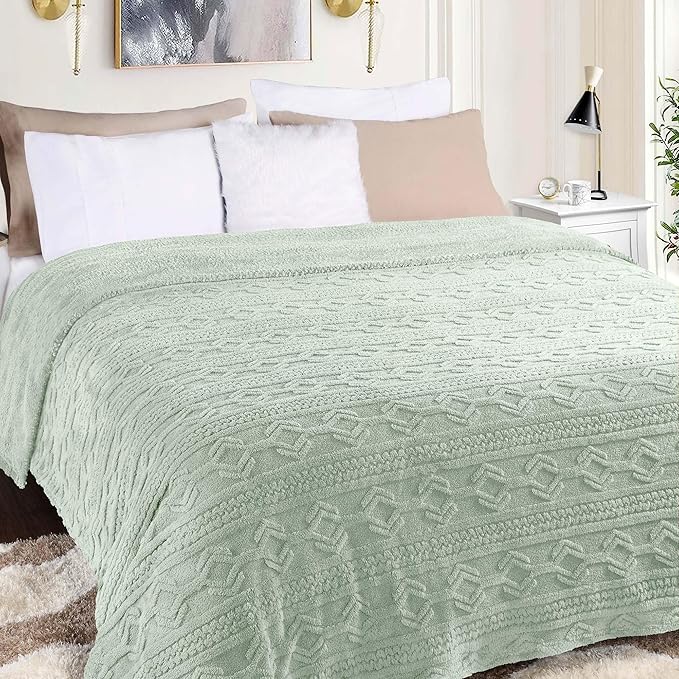 Superior Fleece Boho Jacquard Blanket, Decorative Blankets for Bedroom, Sofa, Fuzzy, Plush, Fluffy, Soft, Cute Room Decor, Beautiful Cover, Comfort Essentials, Arctic Collection, King, Sea Foam
