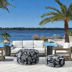 LVTXIII Indoor/Outdoor Extra Large Inflatable Ottoman Pouf D31 x H14 Inch, Round Footstool with Handle, Weather-Resistant Portable Furniture for Patio, Camping, Beach, Elegant Vines Navy
