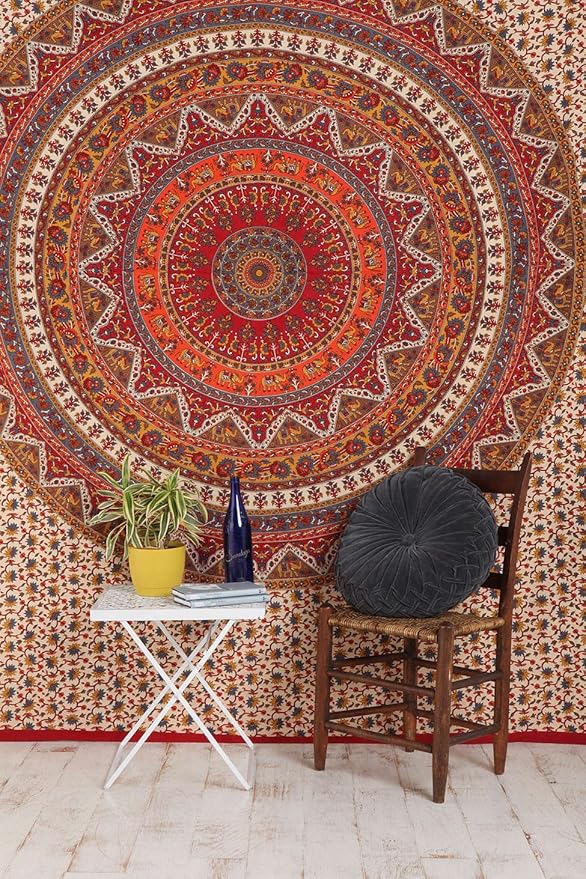 Popular Handicrafts Wall Hanging Tapstry for Bedroom Hippie Psychedelic Mandala Bohemian Hippy Intricate Floral Design Indian Tapestries Bedspread 54x84 Inches (140cmx215cm) Red