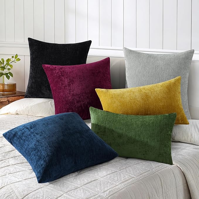 decorUhome Chenille Black Spring Euro Sham Throw Pillow Covers 26x26 Inch Set of 2, Decorative Soft Couch Pillow Covers Solid Dyed Accent Farmhouse Neutral Square Pillow Cases for Sofa