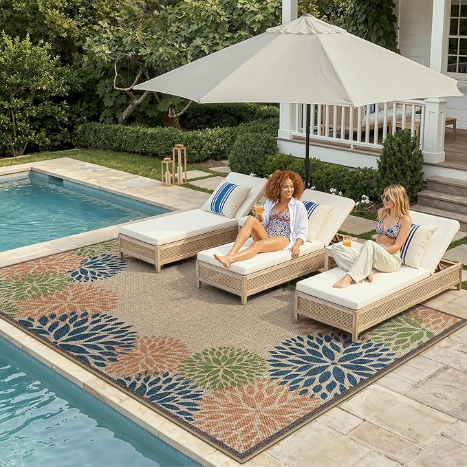 LIVEBOX Modern Easy Jute Outdoor Rug 8x10, Washable Rugs for Living Room Indoor Outdoor Non Slip Large Patio Tropical Floral Farmhouse Area Rugs, Carpet for Backyard Decor(Olive 8'x10')