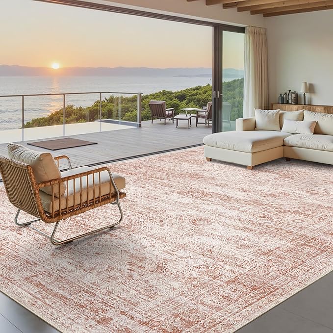 9x12 Area Rugs for Living Room, Non Slip Machine Washable Vintage Rugs, Low Pile Lightweight Large Rug for Bedroom, Dining Room, Home Office Pink