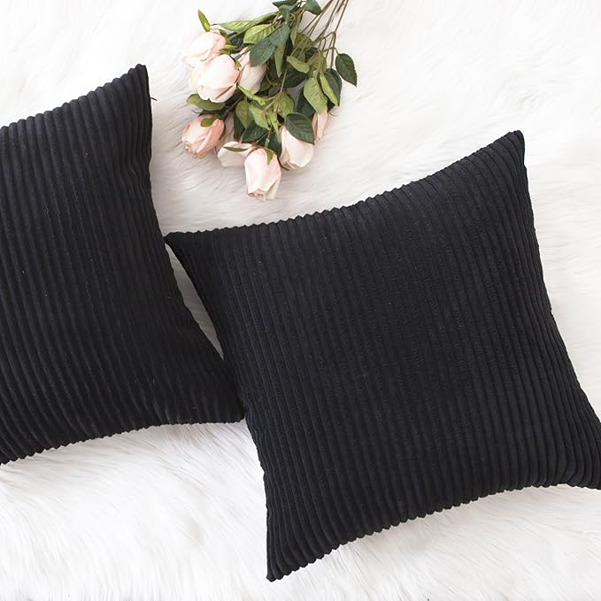 Home Brilliant Set of 2 Throw Pillow Covers Fall Decorative Couch Pillow Covers Striped Velvet Pillowcases for Floor, 55cm, 22 x 22 Inch, Black