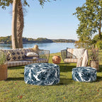 Indoor/Outdoor Inflatable Ottoman D21 x H9 inch, Round Footstool Inflatable Foot Rest Ottoman with Handle, Portable Ottomans Pouf for Patio, Garden, Camping, Home, Palm Blue