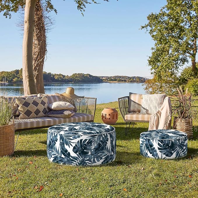 Indoor/Outdoor Inflatable Ottoman D21 x H9 inch, Round Footstool Inflatable Foot Rest Ottoman with Handle, Portable Ottomans Pouf for Patio, Garden, Camping, Home, Palm Blue