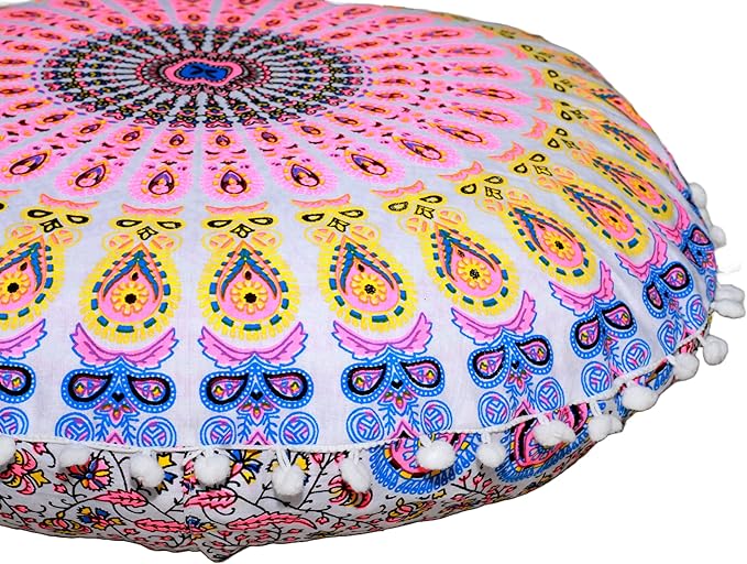 INDIAN CRAFT CASTLE Floor Pillow Cover, Large Cushions Cover Sitting for Adults, Floor Pillow Cover for Meditation or Yoga, Bench/Chair Cushion Cover 22 Inches Pink Yellow