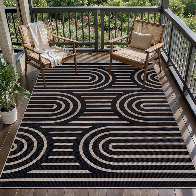 Tangsoo Easy Jute Rug 4x6 Washable Area Rug for Outdoor Patio,Black Rainbow Non-Slip Thin Farmhouse Door Carpet,Boho Indoor Throw Mat for Living Room Bedroom Sunroom Backyard