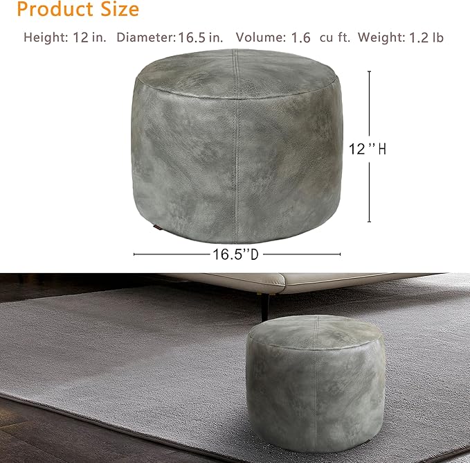Thgonwid Unstuffed Faux Leather Pouf Cover, Handmade Footstool Ottoman Storage Solution, Floor Footrest Cushion - 16.5”Dx12”H, Grey