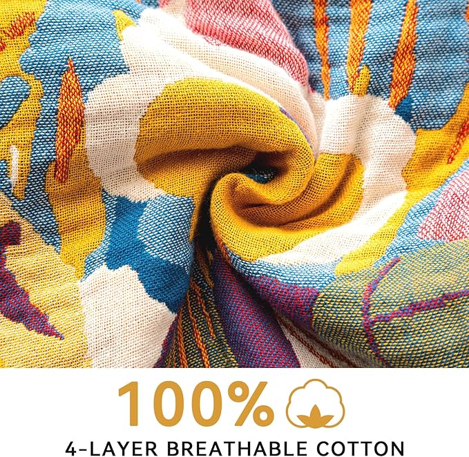 Boho Throw Blanket for Bed 90"x90", 100% Soft Cotton Bohemian Blankets with Rustic Floral Printed Decor, Spring Throw Blanket for Couch Cozy Breathable King Size All Season