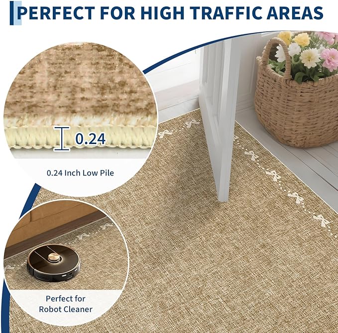 GarveeHome Bow Washable 8x10 Area Rug for Living Room Non Slip Soft Bedroom Rugs Solid Light Brown Bordered Rug Low Pile Stain Resistant Carpet for Nursery Dining Room Playroom Classroom, Light Brown