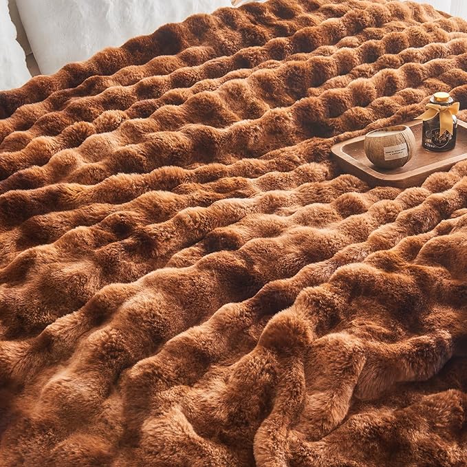 EMME Faux Fur Throw Blanket Tie Dye Dark Brown - Big Bubble Rabbit Cozy Blanket for Couch, Small Fluffy Fuzzy Cozy Blanket, Thick Furry Plush Shaggy Blankets, 650GSM, 50x60 Inches