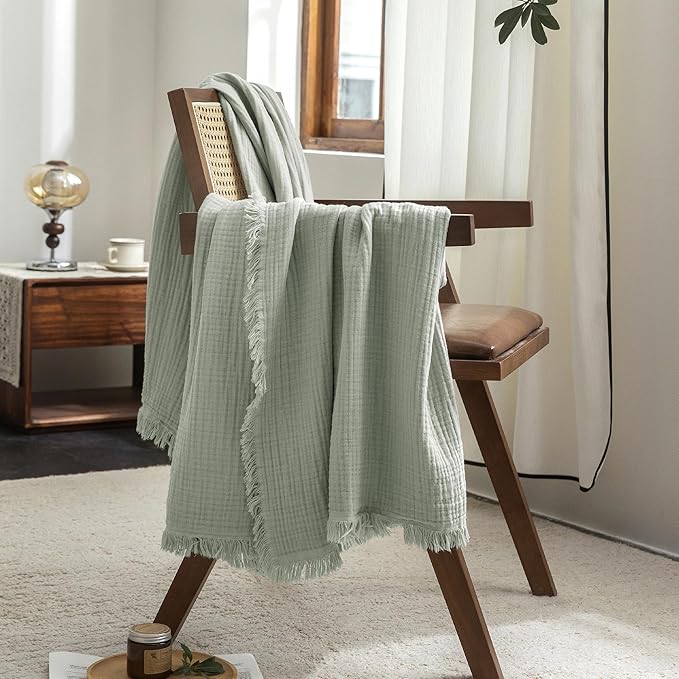 FOSSA Muslin Blanket with Fringe - 4-Layer 100% Cotton Gauze Super Soft & Breathable Throw -Lightweight Decorative Cooling Blanket for Bed, Sofa, Office (Sage Green, Super King (108" × 98"))