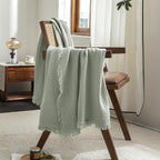 FOSSA Muslin Blanket with Fringe - 4-Layer 100% Cotton Gauze Super Soft & Breathable Throw -Lightweight Decorative Cooling Blanket for Bed, Sofa, Office (Sage Green, Twin XL (66" × 90"))