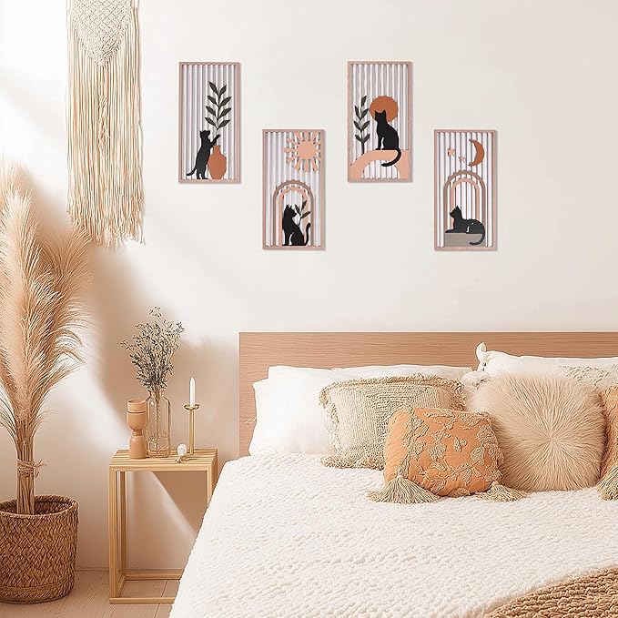 suruim Black Cat Wall Art Set of 4, Cat Wall Decor & Black Cat Decor, Mid-Century 3D Wooden Cat Art Wall Decor for Bedroom Living Room Office Boho Home Decor