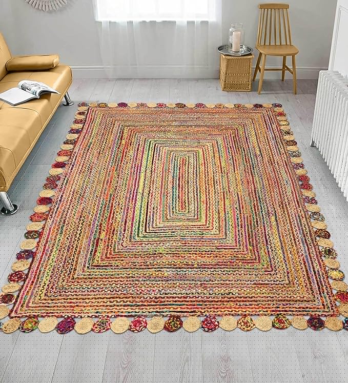 Square Area Rug - 3x3 Feet Multicolor Cape Code Chindi Cotton Jute Rug Geometric Kilim Rug Indoor Outdoor Use Carpet Flatweave Rugs for Bedroom Bedside Custom Mat Dining Table Mat