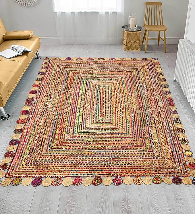 Rectangular Area Rug - 2x3 Feet Multicolor Cape Code Chindi Cotton Jute Rug Geometric Kilim Rug Indoor Outdoor Use Carpet Flatweave Rugs for Bedroom Dining Room Living Room