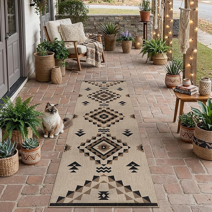 2.6x8 Easy Jute Runner Rug Washable Brown Boho Hallway Outdoor Rug for Patio Lightweight Non Slip No Sheding Carpet Entryway Bathroom Backyard Porch Kitchen