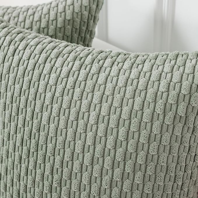 Kevin Textile 16x24 Inch Pillow Cover 1 Pack Boho Decorative Soft Striped Corduroy Lumbar Farmhouse Color Accent Rectangle Cushion Case for Living Room Couch Sofa Bed, Greyish Green