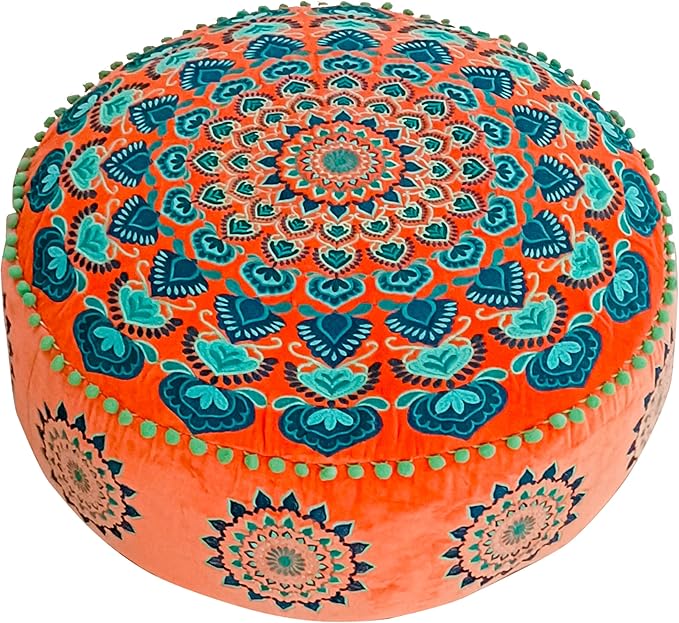 Orange Round Velvet Pouf Cover - Soft Embroidered Ottoman Slipcover with Moroccan Design, 24 Inch Diameter, Ideal for Living Room, Bedroom, or Meditation Space - Decorative Floow Pillow Cushion