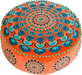 Orange Round Velvet Pouf Cover - Soft Embroidered Ottoman Slipcover with Moroccan Design, 24 Inch Diameter, Ideal for Living Room, Bedroom, or Meditation Space - Decorative Floow Pillow Cushion