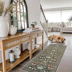 2x6 Washable Hallway Runner Rug: Vintage Floral Kitchen Rugs with Non-Slip Backing Low Pile Water Resistant Carpet for Living Room Bedroom Soft Floor Mat for Bathroom Laudry Dining Room(2x6,Green)