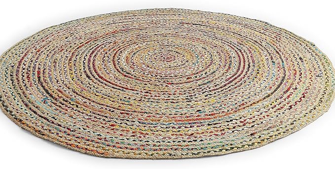 · REDEARTH · Jute Cotton Chindi Area Rug - 5' Round Rug, Handwoven, Non-Shedding, Soft & Durable – Multi Tones for Home Décor in Living Room, Dining Room, Bedroom