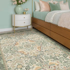 Washable Sage Green Area Rugs 5x7 for Living Room, Bedroom Bedside, Dining Room, Office, Muted Cream Green Non Slip Stain Resistant Low Pile Botanical Floral Bird French Country Decor