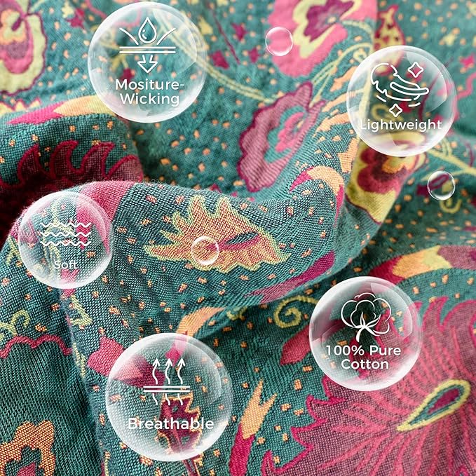 Boho Throw Blanket for Bed 100% Cotton Soft Lightweight Quilt Home Decor Spring Bed Blanket,Floral Embroidery Reversible All Season Bohemian Breathable Twin Throws for Sofa Couch Chair 60"x80"
