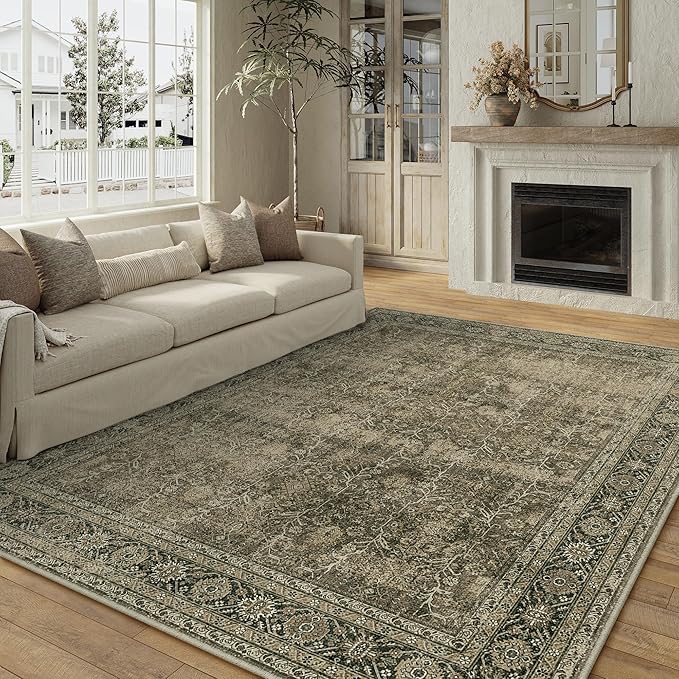Vintage Area Rug 9x12 Light Brown Washable Living Room Large Bedroom Indoor Carpet Tribal Distressed Retro Accent Throw Rug for Office Dining Room