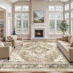 Washable Rugs 9x12, Large Area Rugs 9x12 Living Room with Non-Slip Backing, Super-Soft Floral Vintage Rug, Low Pile Area Rug for Bedroom, Dining Room, Office (Brown/Beige, 9'x12')