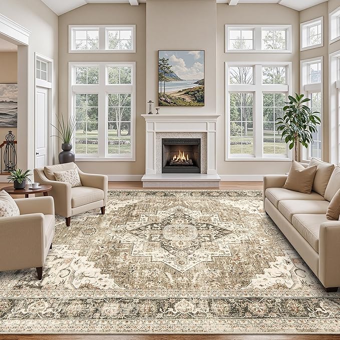 Washable Rugs 9x12, Large Area Rugs 9x12 Living Room with Non-Slip Backing, Super-Soft Floral Vintage Rug, Low Pile Area Rug for Bedroom, Dining Room, Office (Brown/Beige, 9'x12')