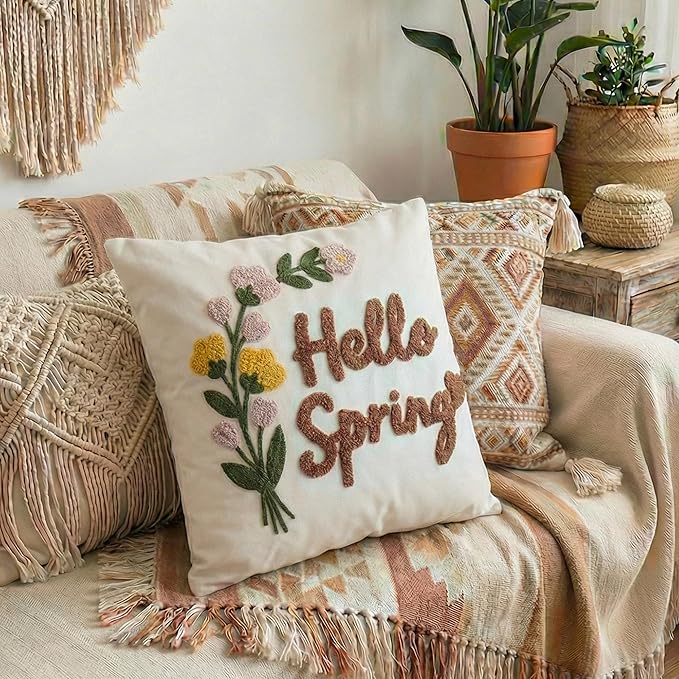 Hello Spring Tufted Pillow Cover with Embroidered Wild Flowers, Textured Floral Botanical Canvas Throw Pillow Case for Boho Easter Family Welcoming Decoration, 18x18 inches, 1PCS (Cover Only)