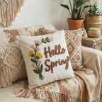 Hello Spring Tufted Pillow Cover with Embroidered Wild Flowers, Textured Floral Botanical Canvas Throw Pillow Case for Boho Easter Family Welcoming Decoration, 18x18 inches, 1PCS (Cover Only)