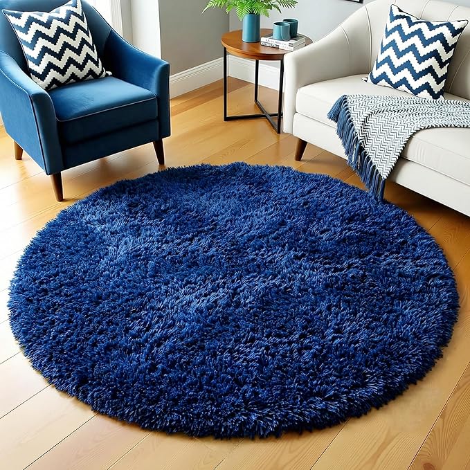 Navy Blue Round Rug 6Ft for Boys Bedroom, Large Fluffy Fuzzy Circle Area Rugs for Kids Playroom, Living Room Decor Aesthetic, Cute Shaggy Plush Floor Royal Dark Blue Carpet for Dorm Teen Baby Nursery