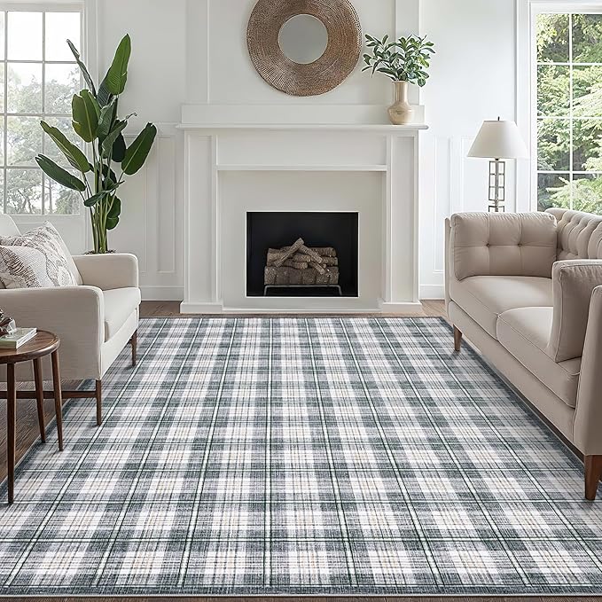 GarveeHome Checkered Area Rugs 6x9 for Living Room, Machine Washable Non Slip Backing Rug, Stain Resistant Low-Pile Indoor Carpet for Bedroom Dining Room Office Nursery Grey