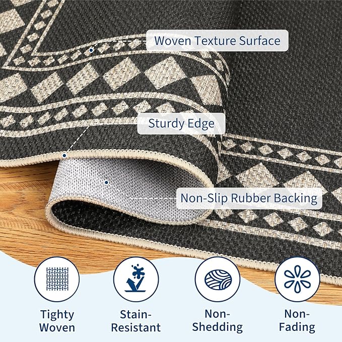 GarveeHome Large Easy Jute Rugs 10x13 Living Room Rug Modern Bordered Solid Rug with Non-Slip Backing, Non-Shedding Jute Indoor Outdoor Neutral Carpet for Dining Room, Patio, Backyard, Black