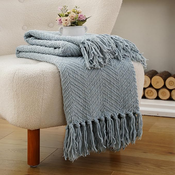 BATTILO HOME Bluish Grey Chenille Throw Blanket for Couch, Knit Throw Blanket,Super Soft Warm Home Decor Throw Blanket with Tassels for Bed,Sofa and Living Room,60" x 80"