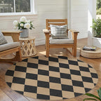 Checkered 4 ft Easy Jute Round Rug, Washable Small Rugs for Entryway Patio, Farmhouse Non Slip Non Shedding Indoor Outdoor Circle Carpet for Kitchen Porch
