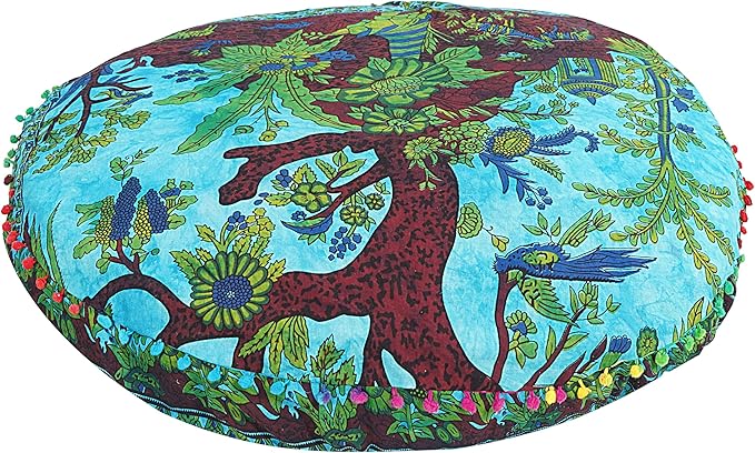 35 X 35 inch Large Mandala Floor Pillow Cushion Seating Throw Cover Hippie Decorative Bohemian Ottoman Poufs, Multi Pom Pom Pillow Cases,Boho Indian Pet Dog Bed Cover (Blue T.L)