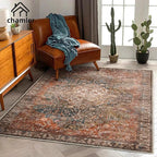 3x5 Area Rug Vintage Washable Thin Tangerine Traditional Floor Cover Foldable Indoor Distressed Non Slip Carpet Floral Print Mat Rugs for Bedroom Living Room Bathroom