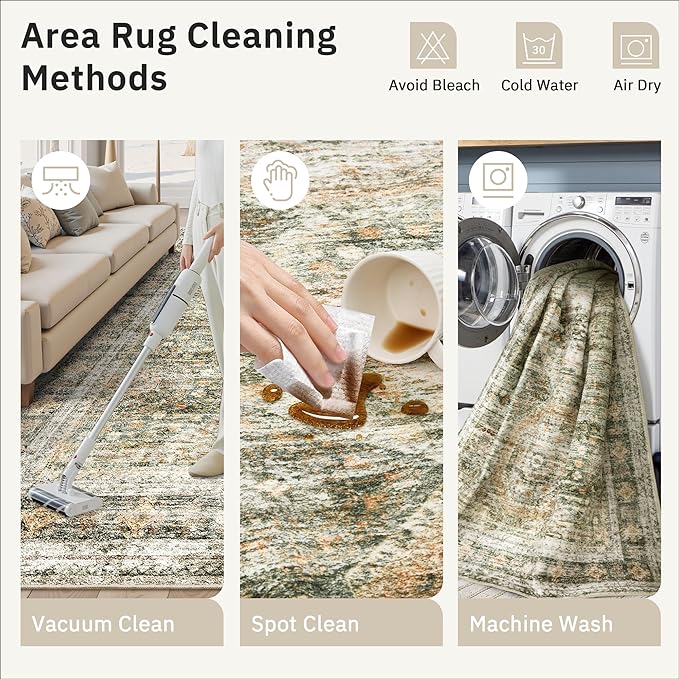 Washable Area Rug 8x10, Large Soft Rugs for Living Room Vintage 8x10 Area Rugs for Bedroom Dining Room Non-Slip Stain Resistant Under Table Green Orange Rug